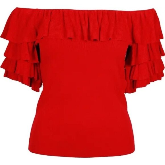 LUCY PARIS Layla Off-the-Shoulder Ruffle Top In Red Size XS - Picture 3 of 9
